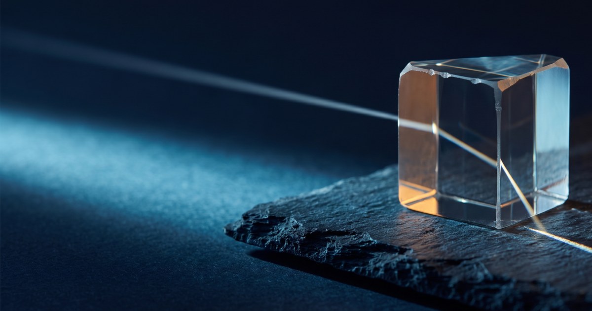 A faceted glass prism on rough dark slate, a thin beam of light bending through it toward the edge of the frame