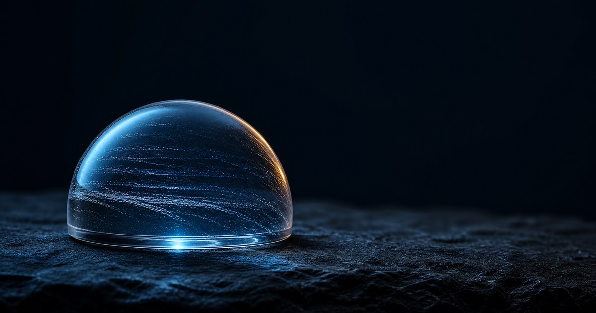 A thick dome of clear optical glass resting flat-side-down on rough dark stone, light pinching beneath it