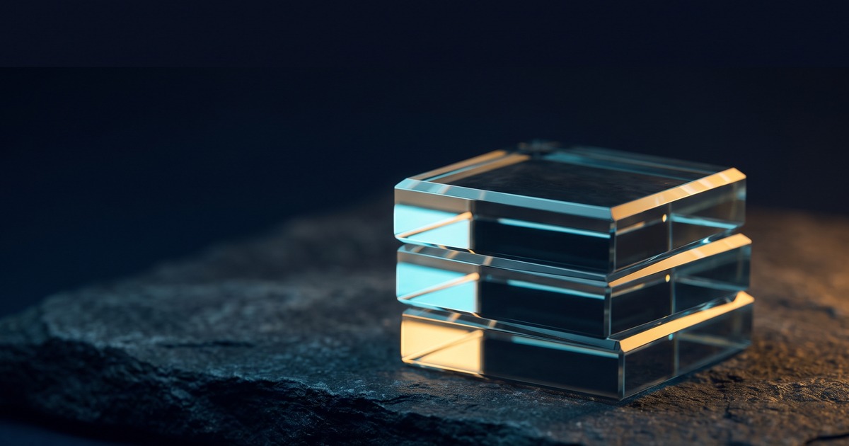 A stack of thick glass prisms on dark stone, cyan light raking one polished edge and amber catching the far corner